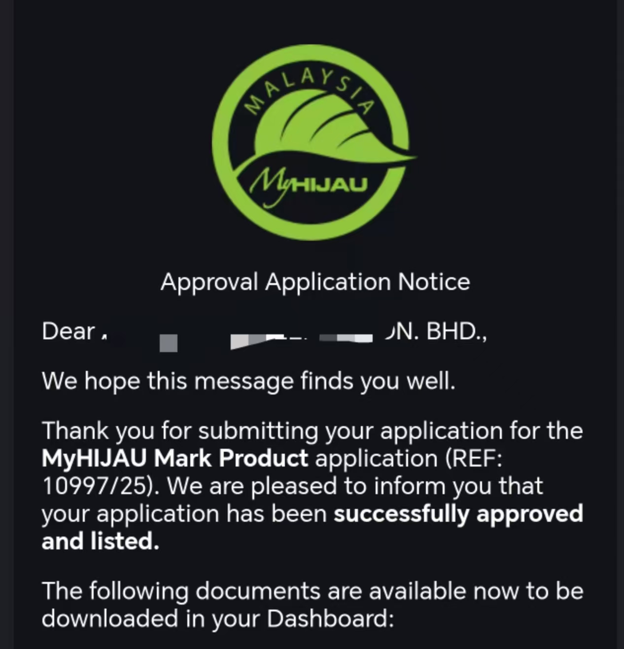 MyHIJAU Approval Notice